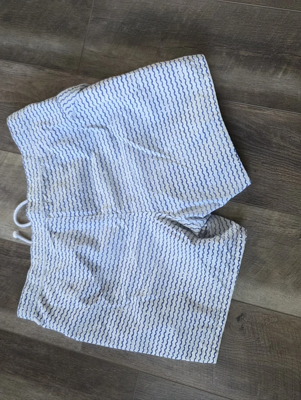 J. Crew White Swim Trunks with Blue Wave Stripe, Size 33